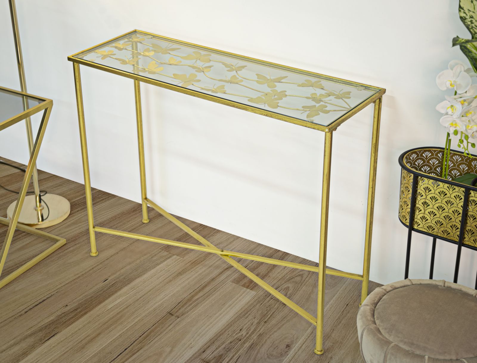 Dekoratívny stolík Console Butterflies Glass Mauro Ferretti, zlatý