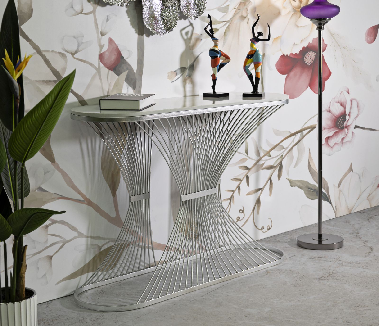 Dekoratívny stôl Console Stripe Mauro Ferretti, strieborný