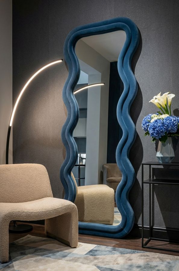 Specchio Da Parete A Onde Blu, Vetro Temperato 60x159 Cm, Design Iridescente E Smussato – Decorazione Murale Artistica Per Soggiorno E Camera