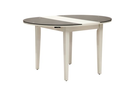 TAVOLO DA PRANZO ROT. VETRO E LEGNO BIANCO ALLUNGABILE CM Ø 100X75